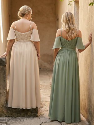 Spaghetti Straps V Neck Pleated Chiffon Bridesmaid Dresses