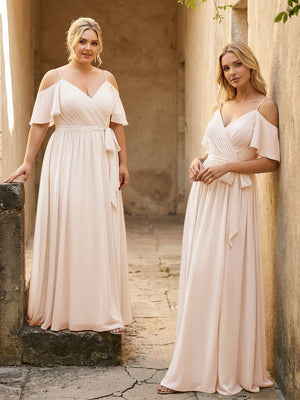 Spaghetti Straps V Neck Pleated Chiffon Bridesmaid Dresses