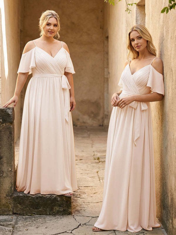 Spaghetti Straps V Neck Pleated Chiffon Bridesmaid Dresses