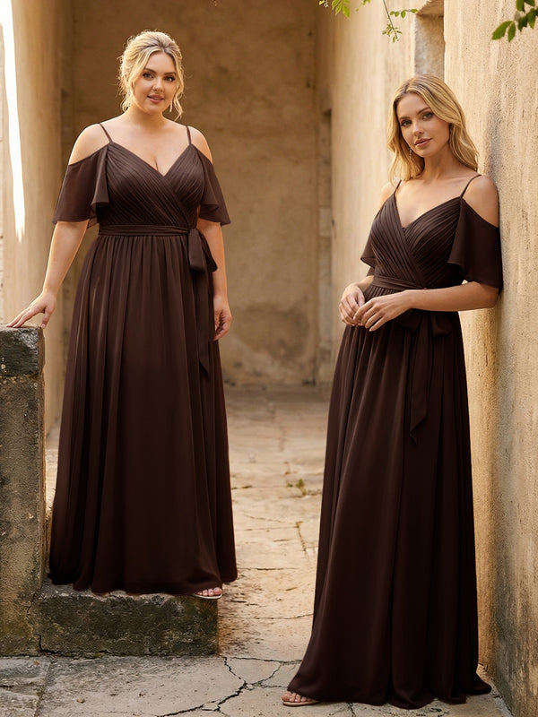 Spaghetti Straps V Neck Pleated Chiffon Bridesmaid Dresses