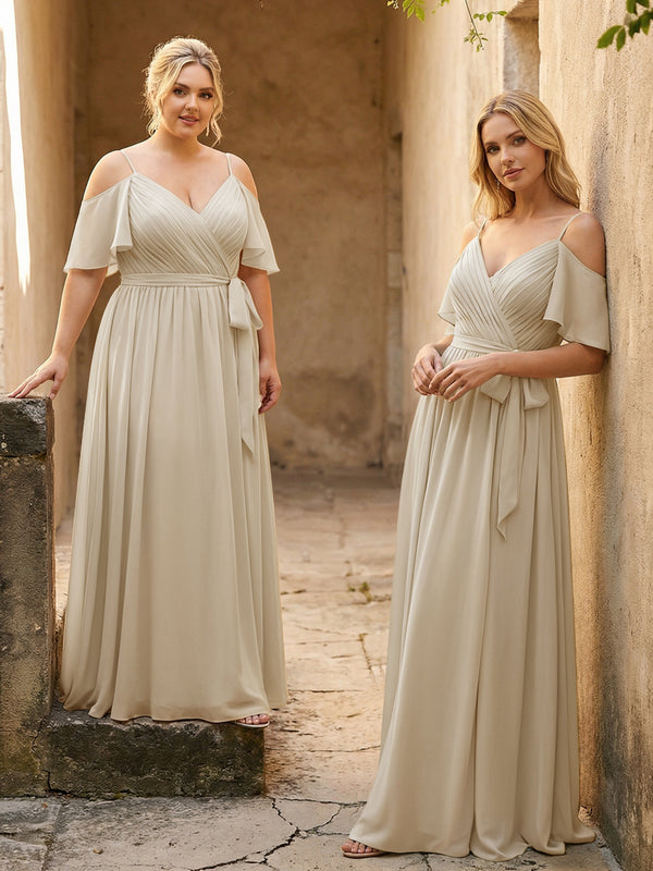 Spaghetti Straps V Neck Pleated Chiffon Bridesmaid Dresses