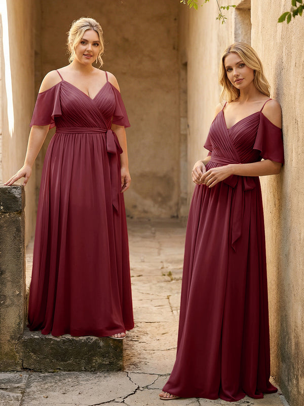 Spaghetti Straps V Neck Pleated Chiffon Bridesmaid Dresses