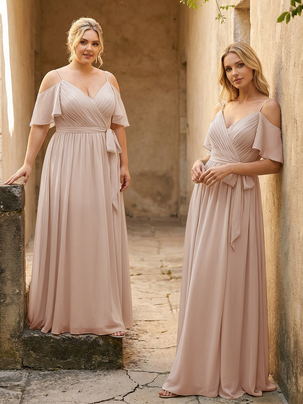 Spaghetti Straps V Neck Pleated Chiffon Bridesmaid Dresses