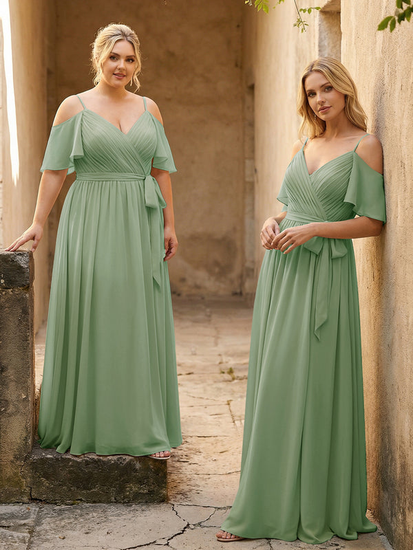 Spaghetti Straps V Neck Pleated Chiffon Bridesmaid Dresses