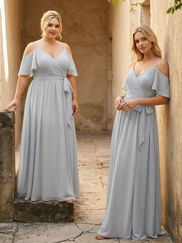 Spaghetti Straps V Neck Pleated Chiffon Bridesmaid Dresses