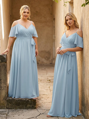 Spaghetti Straps V Neck Pleated Chiffon Bridesmaid Dresses