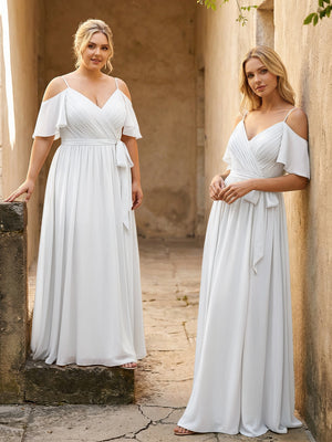Spaghetti Straps V Neck Pleated Chiffon Bridesmaid Dresses