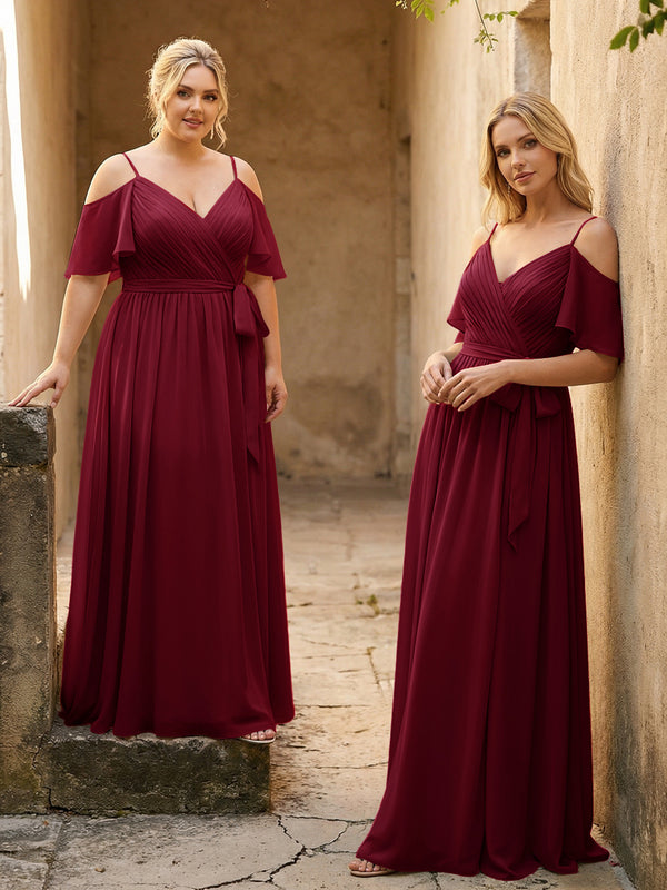 Spaghetti Straps V Neck Pleated Chiffon Bridesmaid Dresses