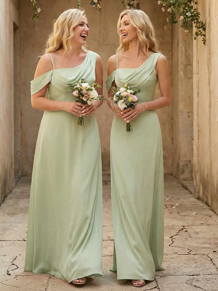 Square Neck Pleated Satin Tiered Bridesmaid Dresses