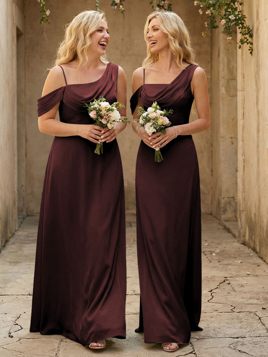 Square Neck Pleated Satin Tiered Bridesmaid Dresses