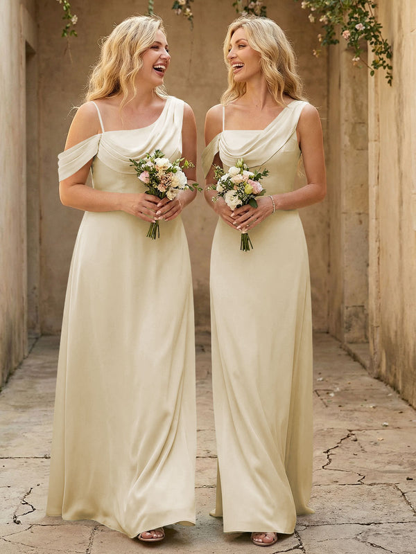 Square Neck Pleated Satin Tiered Bridesmaid Dresses