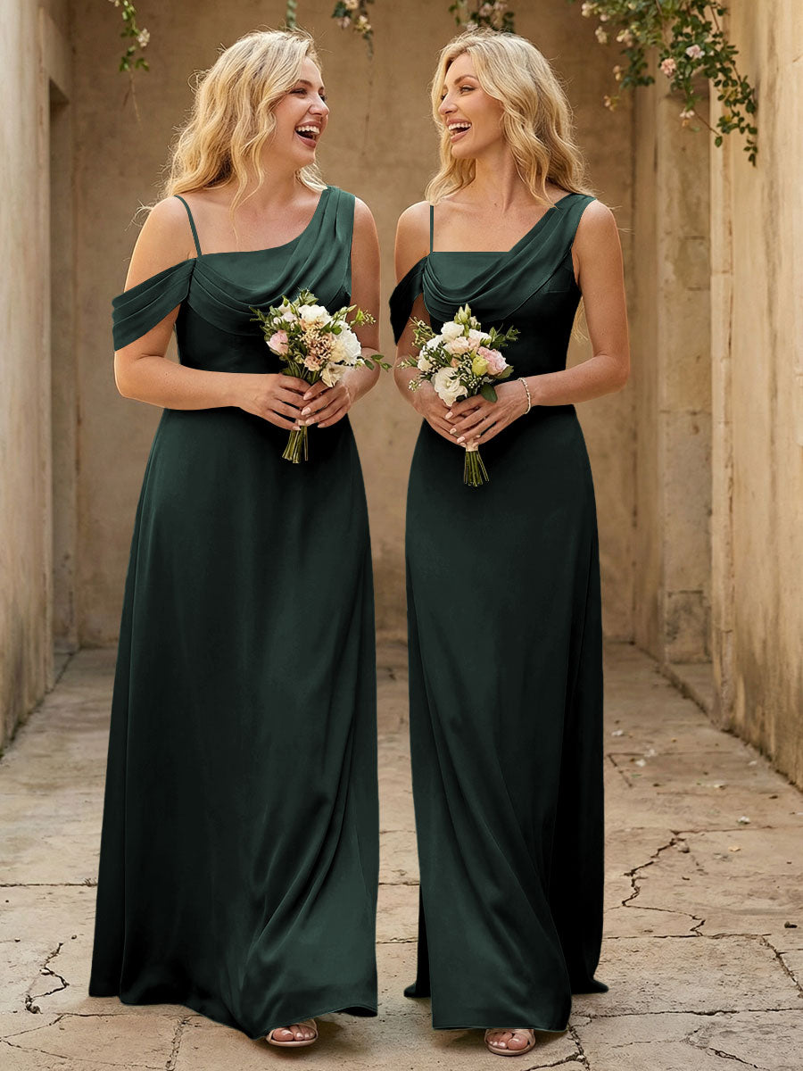 Square Neck Pleated Satin Tiered Bridesmaid Dresses