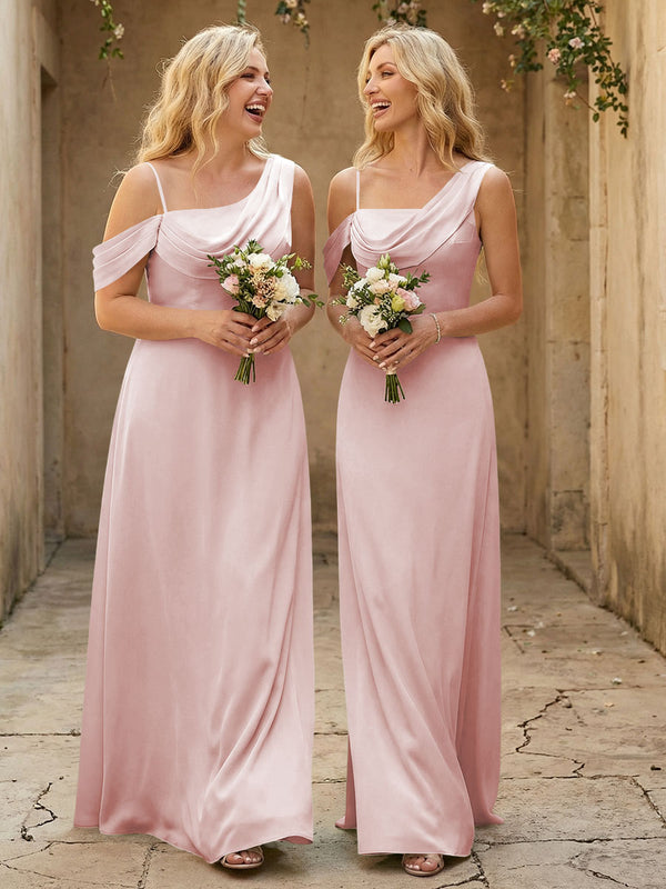 Square Neck Pleated Satin Tiered Bridesmaid Dresses