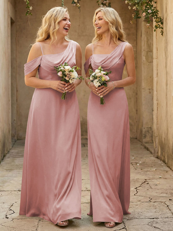 Square Neck Pleated Satin Tiered Bridesmaid Dresses