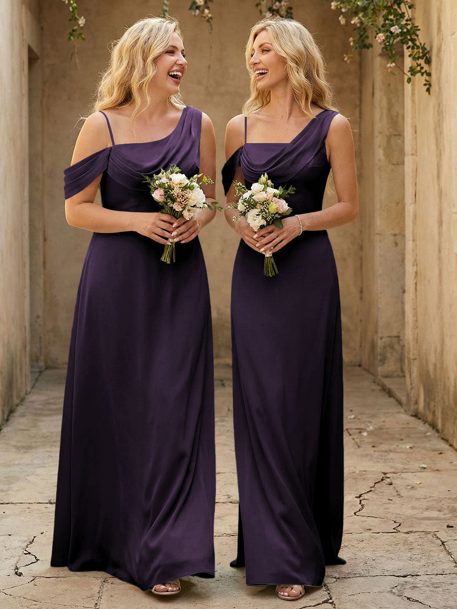 Square Neck Pleated Satin Tiered Bridesmaid Dresses