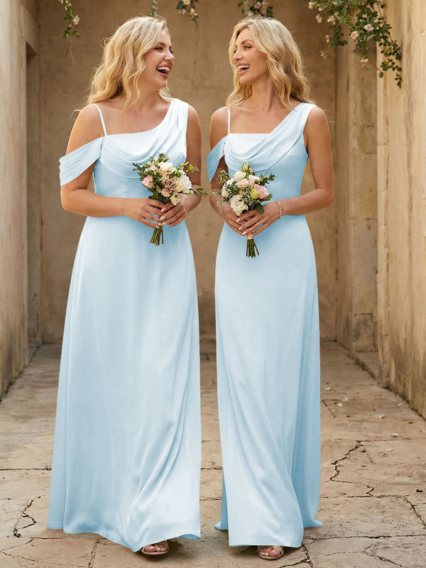 Square Neck Pleated Satin Tiered Bridesmaid Dresses