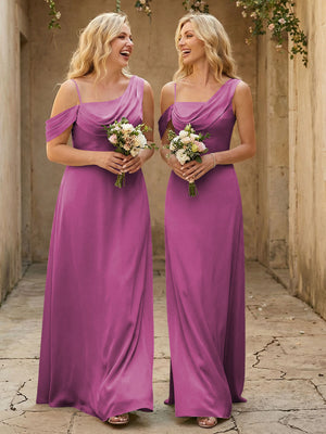 Square Neck Pleated Satin Tiered Bridesmaid Dresses