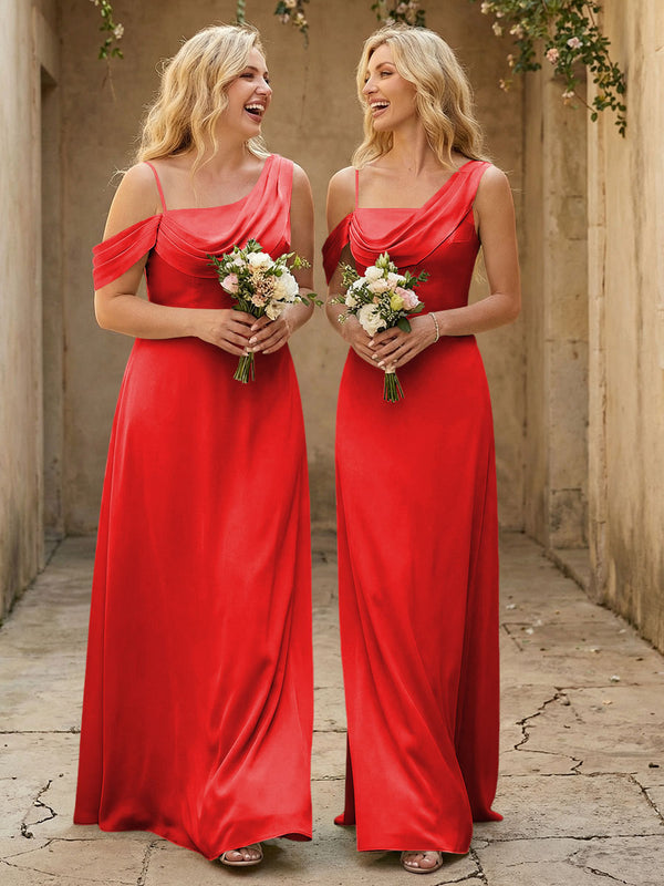 Square Neck Pleated Satin Tiered Bridesmaid Dresses