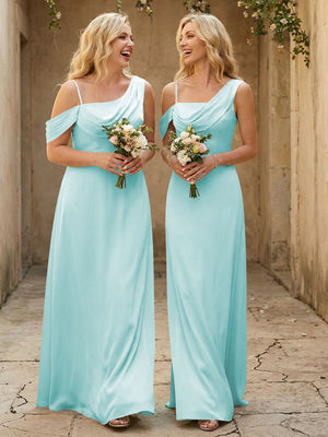 Square Neck Pleated Satin Tiered Bridesmaid Dresses