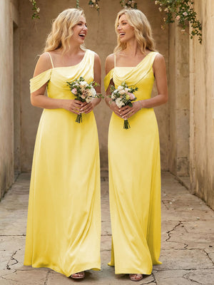 Square Neck Pleated Satin Tiered Bridesmaid Dresses