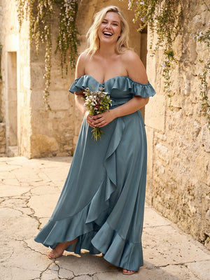 Off the Shoulder Ruffles Satin Bridesmaid Dresses