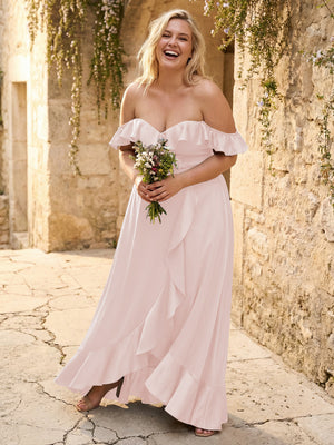 Off the Shoulder Ruffles Satin Bridesmaid Dresses