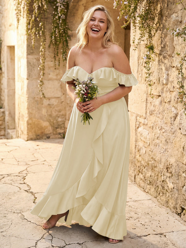 Off the Shoulder Ruffles Satin Bridesmaid Dresses