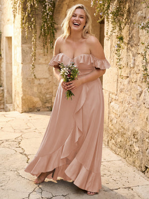 Off the Shoulder Ruffles Satin Bridesmaid Dresses
