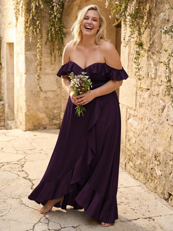 Off the Shoulder Ruffles Satin Bridesmaid Dresses