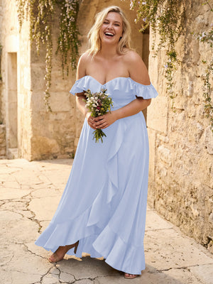 Off the Shoulder Ruffles Satin Bridesmaid Dresses