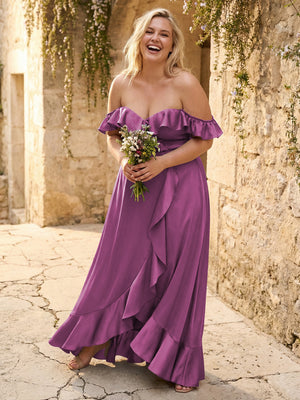 Off the Shoulder Ruffles Satin Bridesmaid Dresses