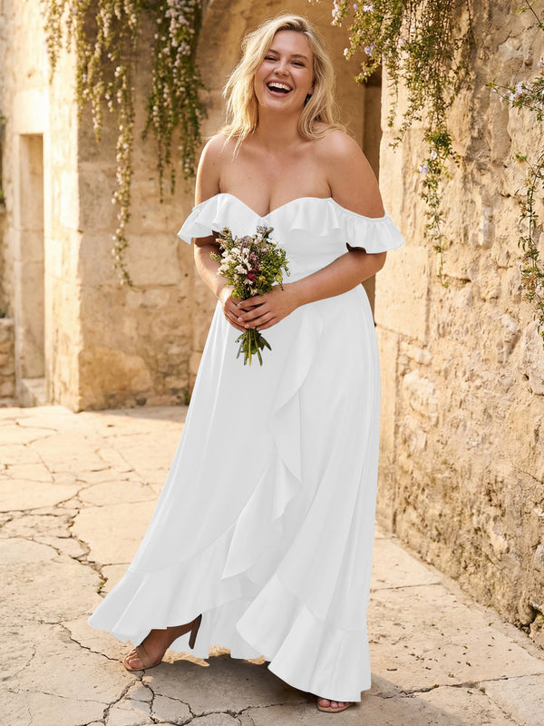 Off the Shoulder Ruffles Satin Bridesmaid Dresses