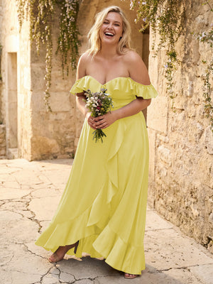 Off the Shoulder Ruffles Satin Bridesmaid Dresses