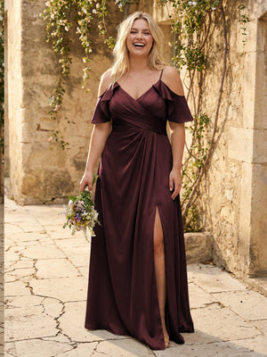 Chiffon Off the Shoulder Pleated Bridesmaid Dresses with Slit