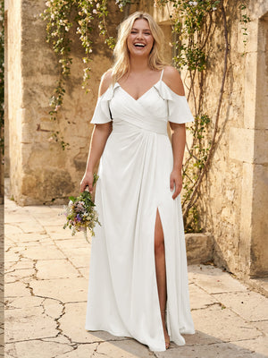 Chiffon Off the Shoulder Pleated Bridesmaid Dresses with Slit