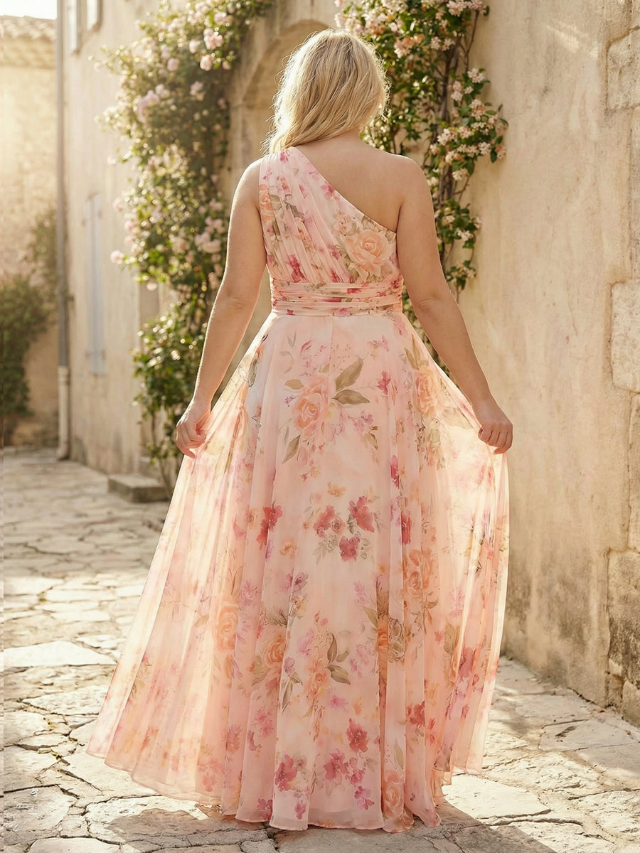 Floral One Shoulder Pleated Bridesmaid Dresses