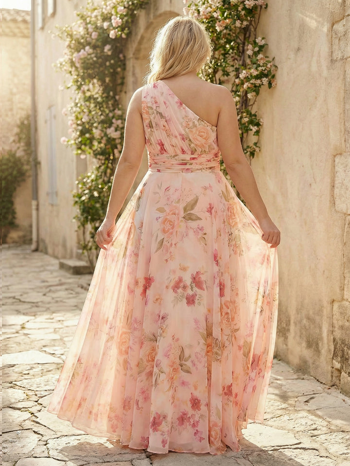 Floral One Shoulder Pleated Formal Dresses