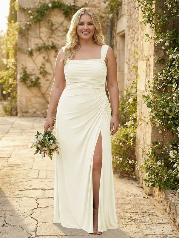 Chiffon Square Neck Pleated Bridesmaid Dresses with Slit