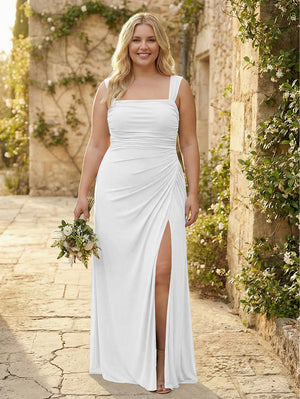 Chiffon Square Neck Pleated Bridesmaid Dresses with Slit