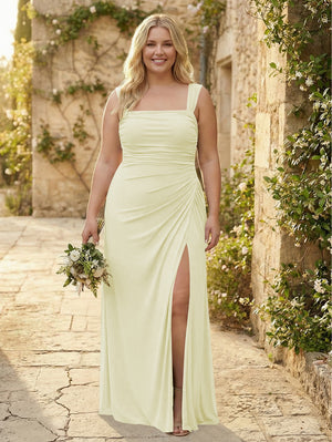 Chiffon Square Neck Pleated Bridesmaid Dresses with Slit