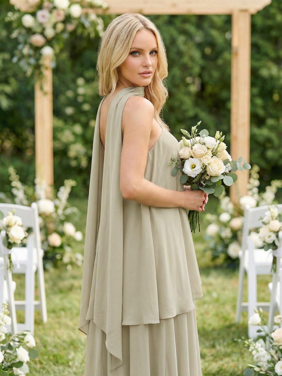 Chiffon Strapless Long Bridesmaid Dresses with Scarf