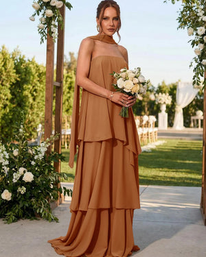 Chiffon Strapless Long Bridesmaid Dresses with Scarf