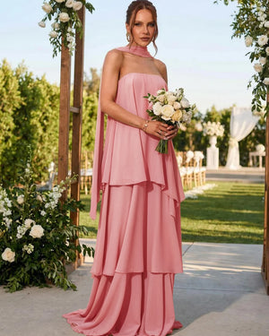 Chiffon Strapless Long Bridesmaid Dresses with Scarf