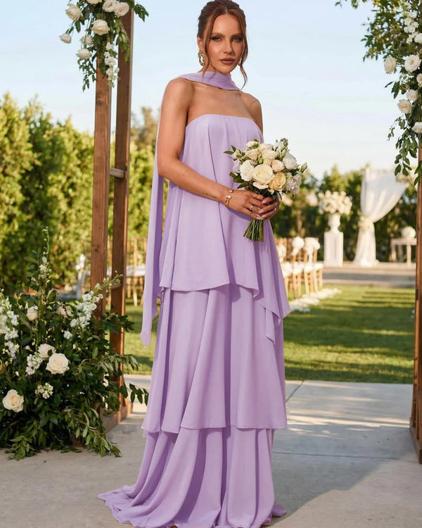 Chiffon Strapless Long Bridesmaid Dresses with Scarf