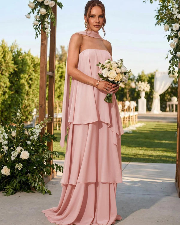 Chiffon Strapless Long Bridesmaid Dresses with Scarf