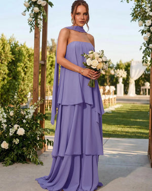 Chiffon Strapless Long Bridesmaid Dresses with Scarf