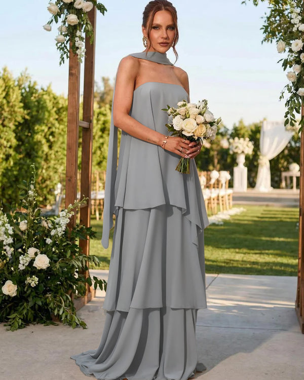 Chiffon Strapless Long Bridesmaid Dresses with Scarf