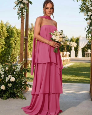 Chiffon Strapless Long Bridesmaid Dresses with Scarf