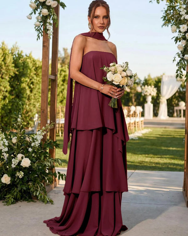 Chiffon Strapless Long Bridesmaid Dresses with Scarf