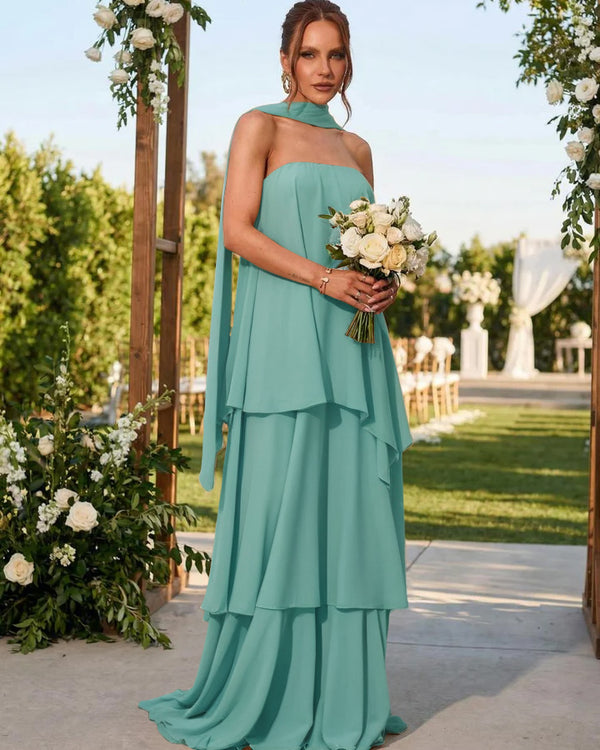 Chiffon Strapless Long Bridesmaid Dresses with Scarf